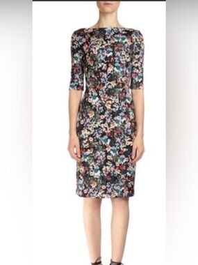 ERDEM Kirsten Black Floral Knee-length Dress 3/4 Sleeve